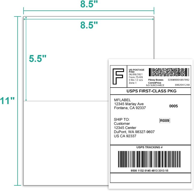 Photo 2 of MFLABEL Half Sheet Labels with Self Adhesive,8.5 x 11 Inches Packaging Labels , Address Labels, Shipping Labels for Laser & Inkjet Printers,300 Count(150 Sheets)
