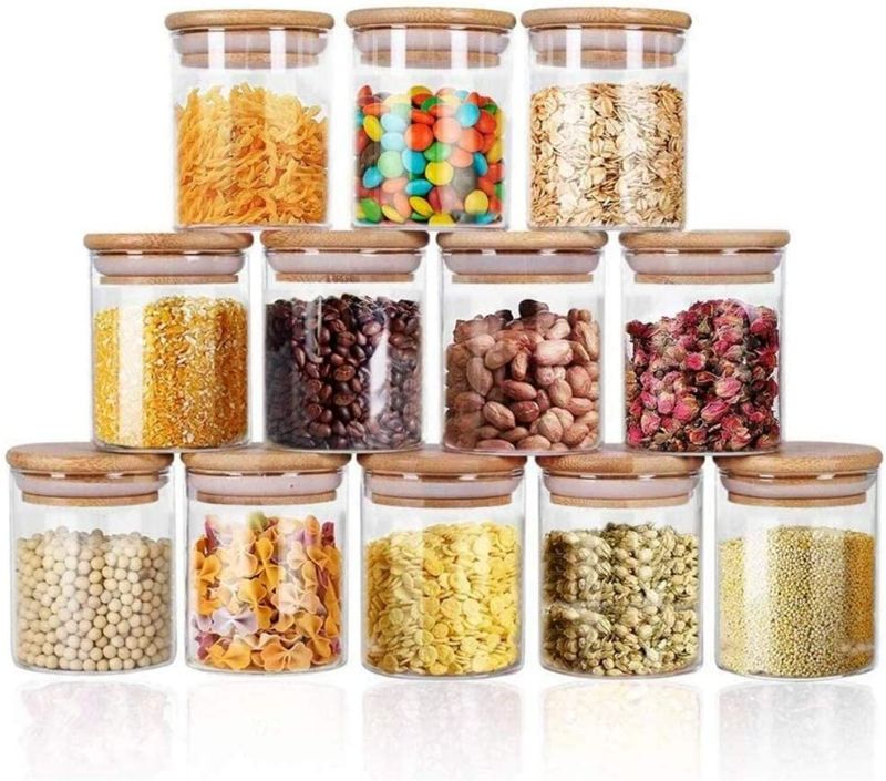 Photo 1 of Yibaodan Glass Jars Set 9OZ, 12 Set Glass Spice Jars with Bamboo Airtight Lids and Labels, Food Cereal Storage Large Spice Containers for Home Kitchen Tea Herbs Coffee Flour Herbs Grains
