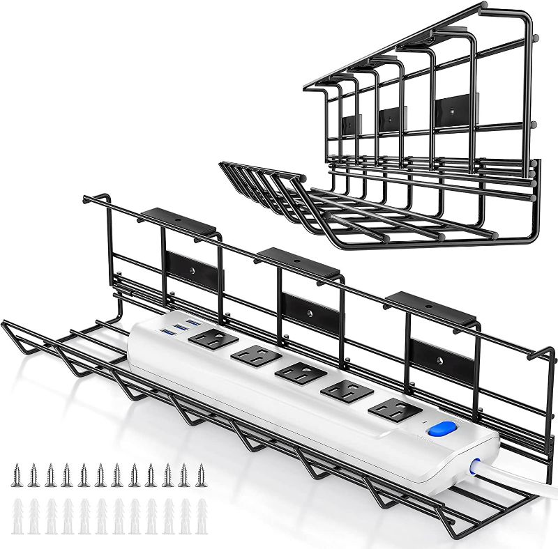 Photo 1 of Under Desk Cable Management Tray Screw Mount, 34in Under Desk Cable Organizer System for Wire Management, Metal Under Desk Shelf Cable Management Rack, 6 Pre-Installed Holes for Desk/Wall
