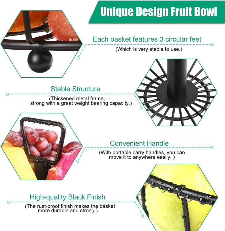 Photo 5 of TomCare 2-Tier Fruit Basket Metal Fruit Bowl Bread Baskets Detachable Fruit Holder Produce Basket Large Fruit Stand Organizer Kitchen Storage Baskets for Fruits Breads Vegetables Snacks, Black
