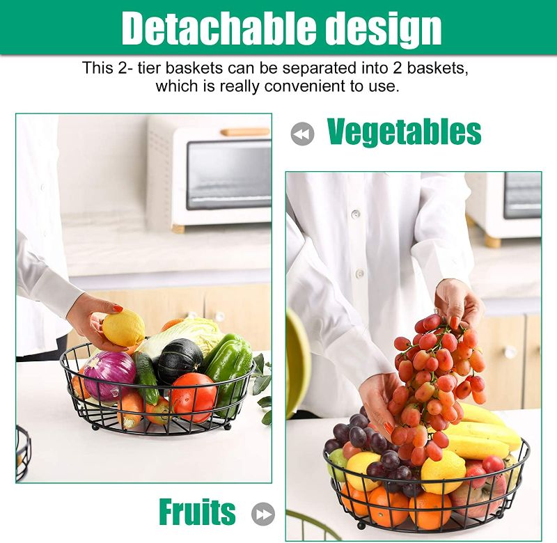 Photo 2 of TomCare 2-Tier Fruit Basket Metal Fruit Bowl Bread Baskets Detachable Fruit Holder Produce Basket Large Fruit Stand Organizer Kitchen Storage Baskets for Fruits Breads Vegetables Snacks, Black
