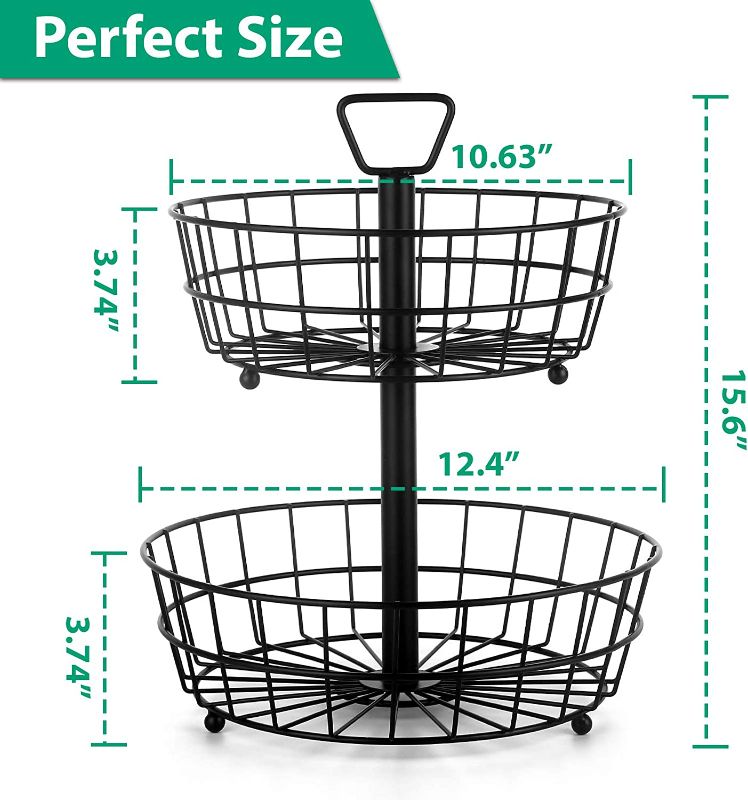 Photo 3 of TomCare 2-Tier Fruit Basket Metal Fruit Bowl Bread Baskets Detachable Fruit Holder Produce Basket Large Fruit Stand Organizer Kitchen Storage Baskets for Fruits Breads Vegetables Snacks, Black
