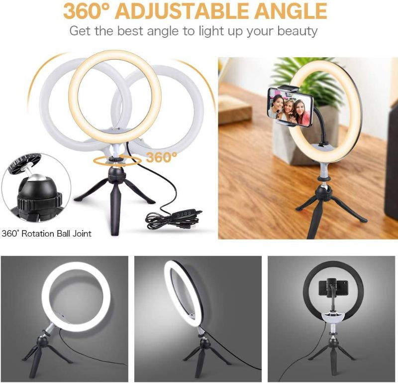 Photo 3 of UBeesize 10" LED Ring Light with Tripod Stand & Phone Holder, Dimmable Desk Makeup Ring Light, Perfect for Live Streaming, YouTube Videos, and Photography, 3 Light Modes and 11 Brightness Levels
