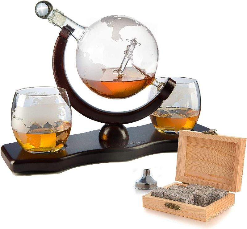 Photo 1 of Etched World Decanter Whiskey Globe - Antique Airplane The Wine Savant 850ml, Whiskey Stones and 2 World Map 10 oz Glasses, Pilot Gift
