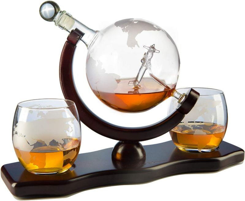 Photo 2 of Etched World Decanter Whiskey Globe - Antique Airplane The Wine Savant 850ml, Whiskey Stones and 2 World Map 10 oz Glasses, Pilot Gift
