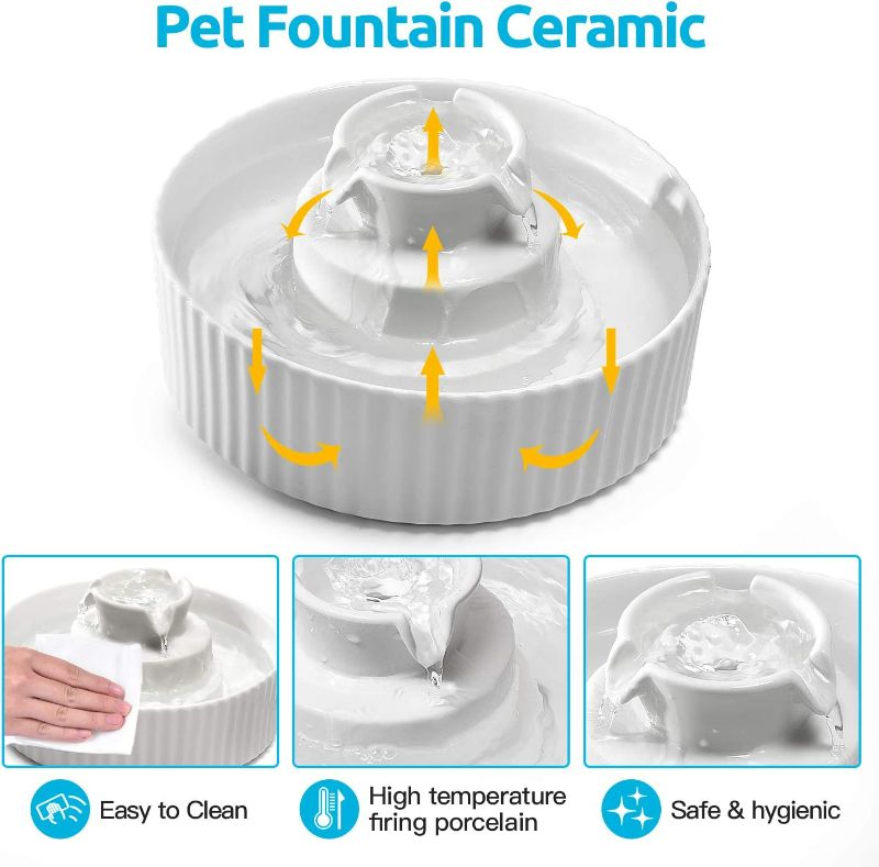 Photo 2 of VinDox 360 Ceramic Cat Fountain, 2.1L Pet Drinking Fountain for Cat and Dog, Cat Fountain Porcelain, Cat Water Dispenser with Activated Carbon Filter and Sponge Foam Pre-Filter (White)
