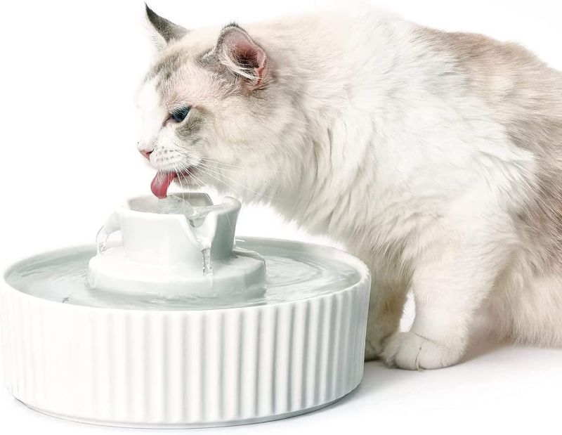 Photo 1 of VinDox 360 Ceramic Cat Fountain, 2.1L Pet Drinking Fountain for Cat and Dog, Cat Fountain Porcelain, Cat Water Dispenser with Activated Carbon Filter and Sponge Foam Pre-Filter (White)

