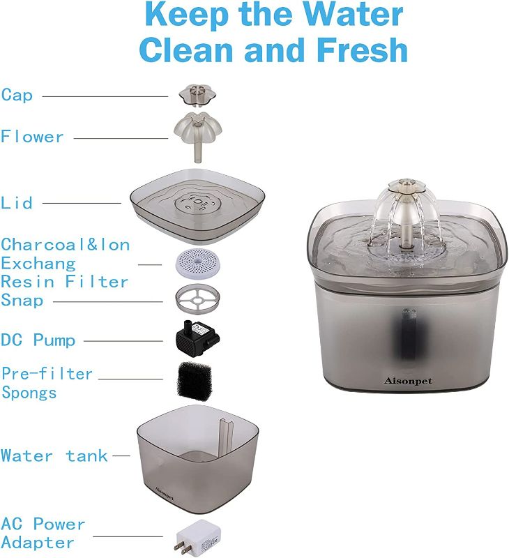 Photo 2 of Aisonpet Pet Fountain, 84oz/2.5L Automatic Cat Water Fountain, Fountain Water Bowl for Cats Dogs Pets, Kitty Running Flower Fountains with LED and 3 Replacement Filters

