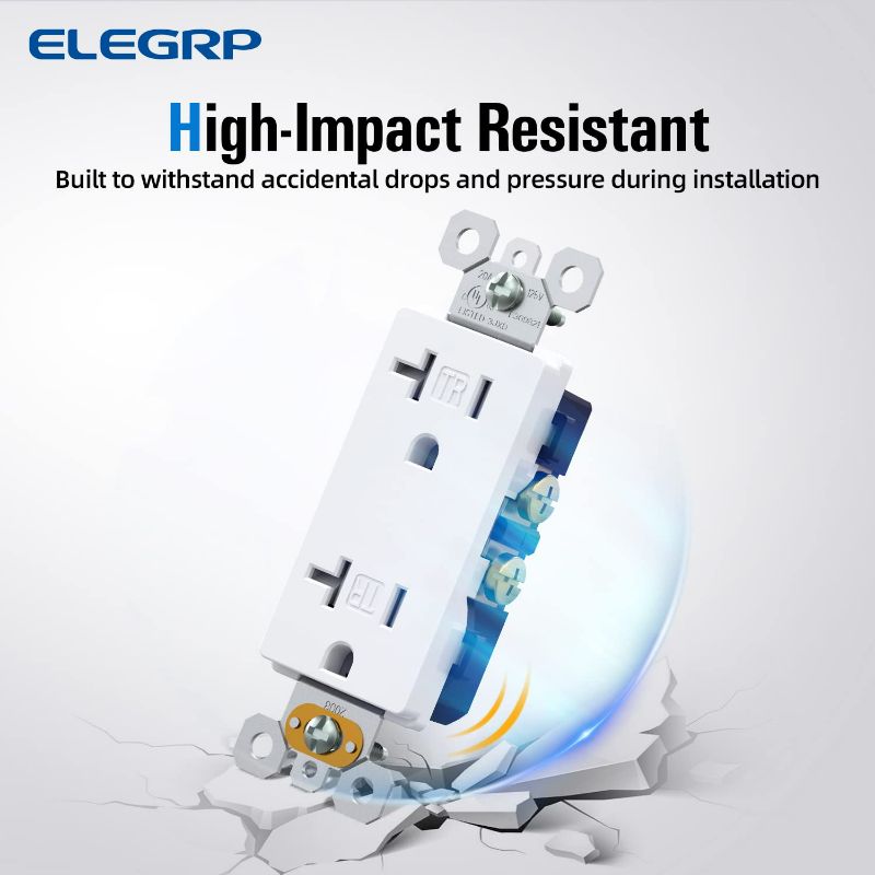 Photo 3 of ELEGRP Glossy White Outlet Decora Outlet Tamper Resistant Outlet 20 Amp Outlet Electrical Outlets, Decorative Receptacle, Self-grounding Wall Outlet, 125V, 2 Pole 3 Wire, 5-20R, UL Listed, 10 Pack
