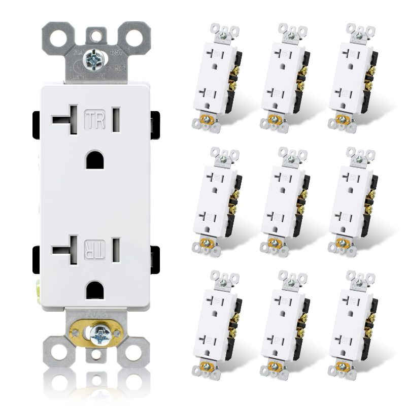 Photo 1 of ELEGRP Glossy White Outlet Decora Outlet Tamper Resistant Outlet 20 Amp Outlet Electrical Outlets, Decorative Receptacle, Self-grounding Wall Outlet, 125V, 2 Pole 3 Wire, 5-20R, UL Listed, 10 Pack
