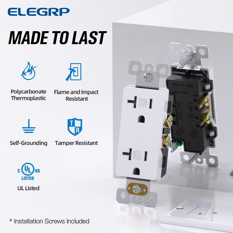 Photo 2 of ELEGRP Glossy White Outlet Decora Outlet Tamper Resistant Outlet 20 Amp Outlet Electrical Outlets, Decorative Receptacle, Self-grounding Wall Outlet, 125V, 2 Pole 3 Wire, 5-20R, UL Listed, 10 Pack
