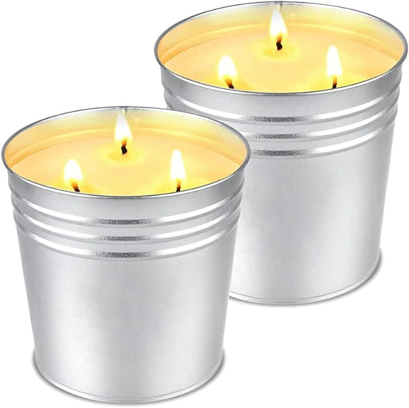 Photo 1 of Citronella Candles Outdoor Large Patio Candle, Outside 3 Wick Bucket Candle 100 Hour Burning for Table Backyard Camping Indoor, Soy Wax Scented Candle Gift for Women Wedding, 2 Pack 17OZ
