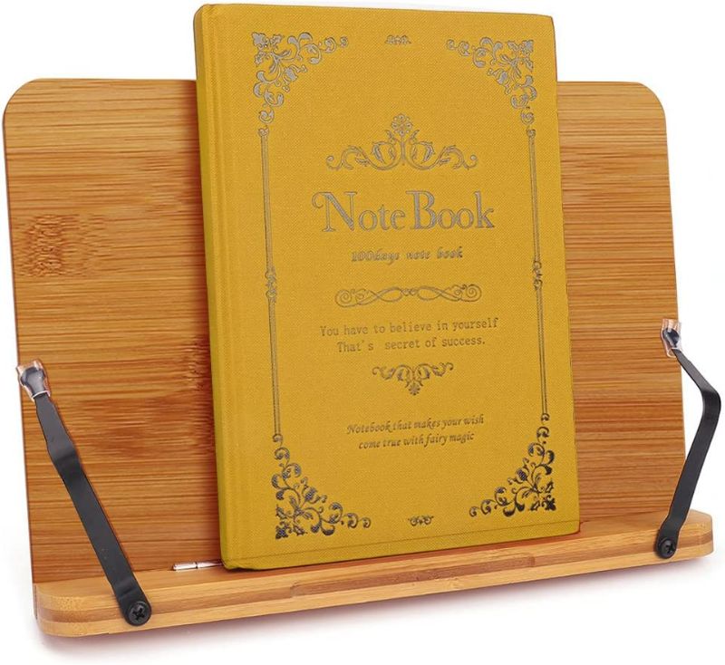 Photo 3 of Bamboo Book Stand,wishacc Adjustable Book Holder Tray and Page Paper Clips-Cookbook Reading Desk Portable Sturdy Lightweight Bookstand-Textbooks Books
