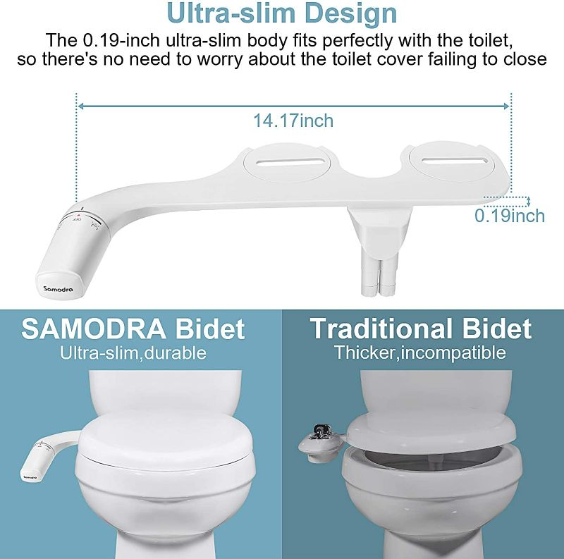 Photo 4 of SAMODRA Ultra-Slim Bidet, Minimalist Bidet for Toilet with Non-Electric Dual Nozzle(Frontal & Rear Wash) Adjustable Water Pressure, Fresh Water Bidet Toilet Seat Attachment,Easy to Install
