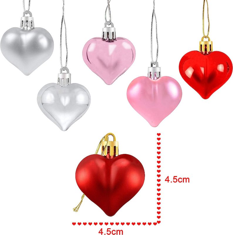 Photo 2 of 24Pcs Valentine's Day Heart Shaped Ornaments | Valentines Heart Decorations | Red Pink Silver Heart Shaped Baubles | Romantic Valentine's Day Hanging Decorations