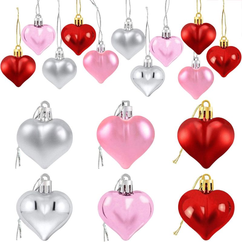 Photo 1 of 24Pcs Valentine's Day Heart Shaped Ornaments | Valentines Heart Decorations | Red Pink Silver Heart Shaped Baubles | Romantic Valentine's Day Hanging Decorations