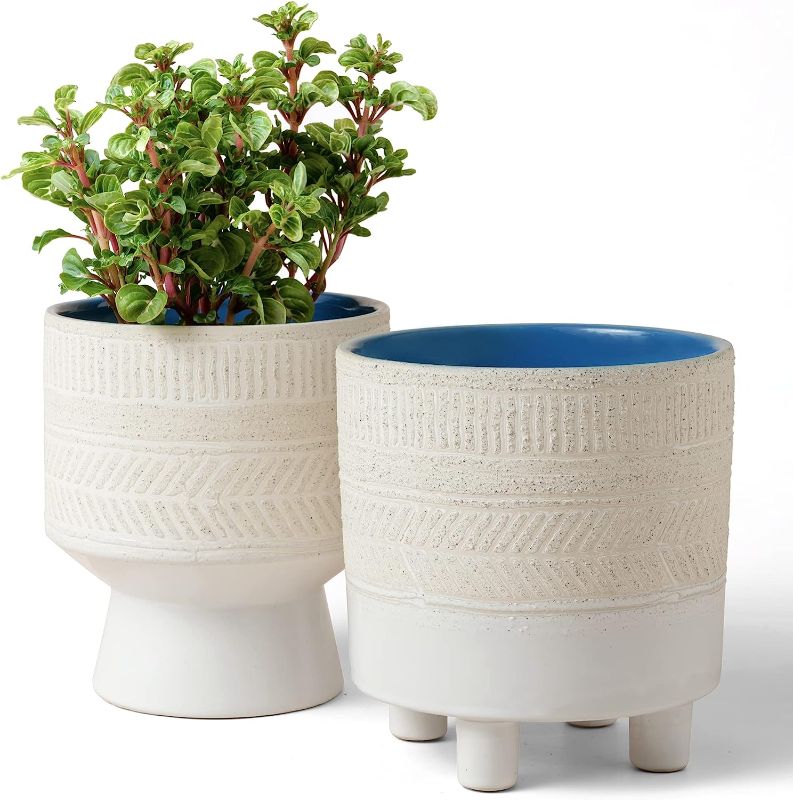 Photo 1 of La Jolie Muse Ceramic Pots for Plants - Plant Pots 6 Inch Greece Style Embossed Flower Pot W/ Drain Hole for Indoor, Ivory & Galaxy Blue,Set of 2