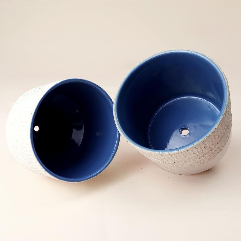 Photo 2 of La Jolie Muse Ceramic Pots for Plants - Plant Pots 6 Inch Greece Style Embossed Flower Pot W/ Drain Hole for Indoor, Ivory & Galaxy Blue,Set of 2