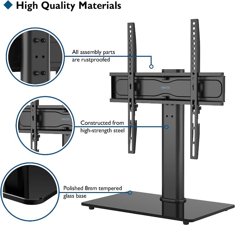 Photo 2 of BONTEC Universal Swivel TV Stand Base, Table Top TV Stand for 26-55 inch LED OLED Flat Curved Screens, Height Adjustable TV Mount Stand with Glass Base Hold up to 99lbs, Max VESA 400x400mm