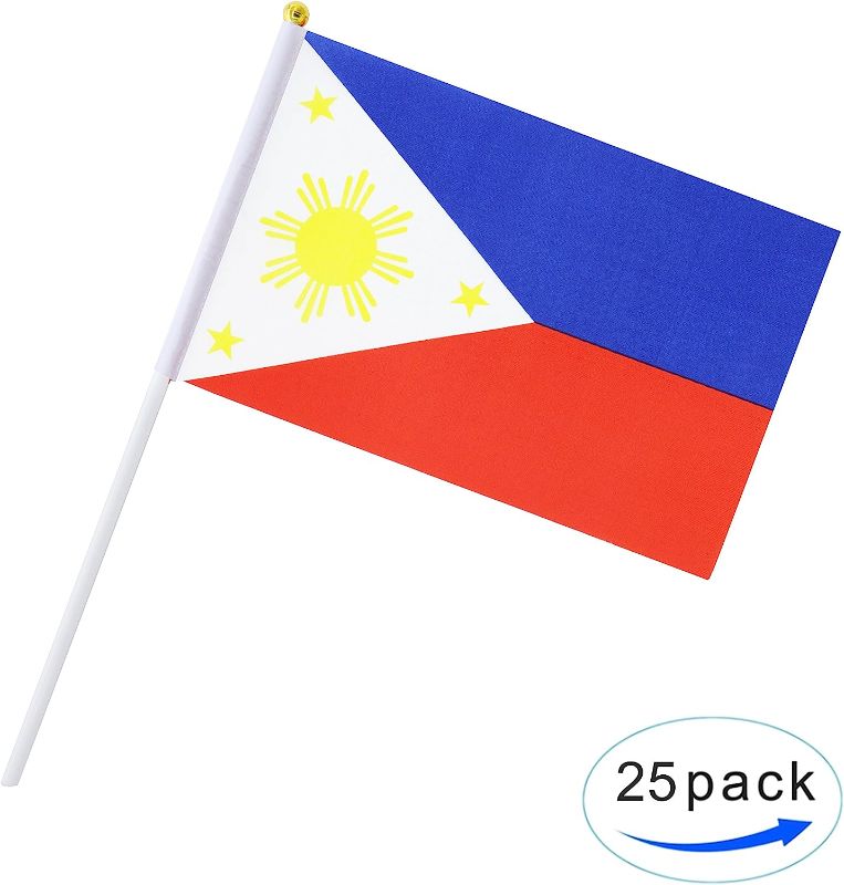 Photo 2 of 25 Pack Hand Held Small Mini Flag Philippines Flag Filipino Flag Stick Flag Round Top National Country Flags,Party Decorations Supplies For Parades,World Cup,Festival Events ,International Festival