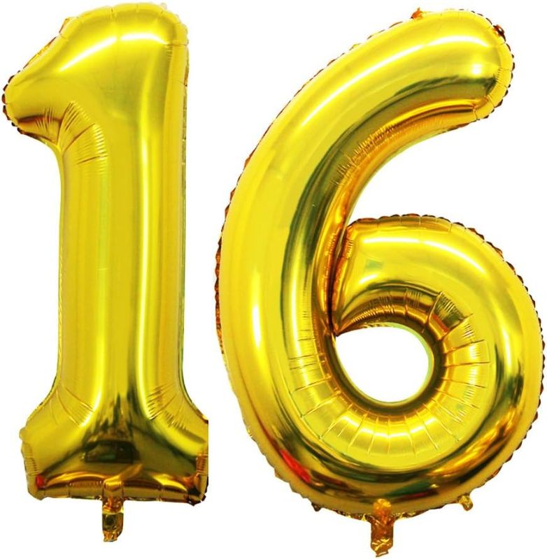 Photo 1 of GOER 42 Inch Gold 16 Number Balloons for 16th Birthday Party Decorations, Jumbo Foil Helium Balloons for Sweet 16 Party,16th Anniversary