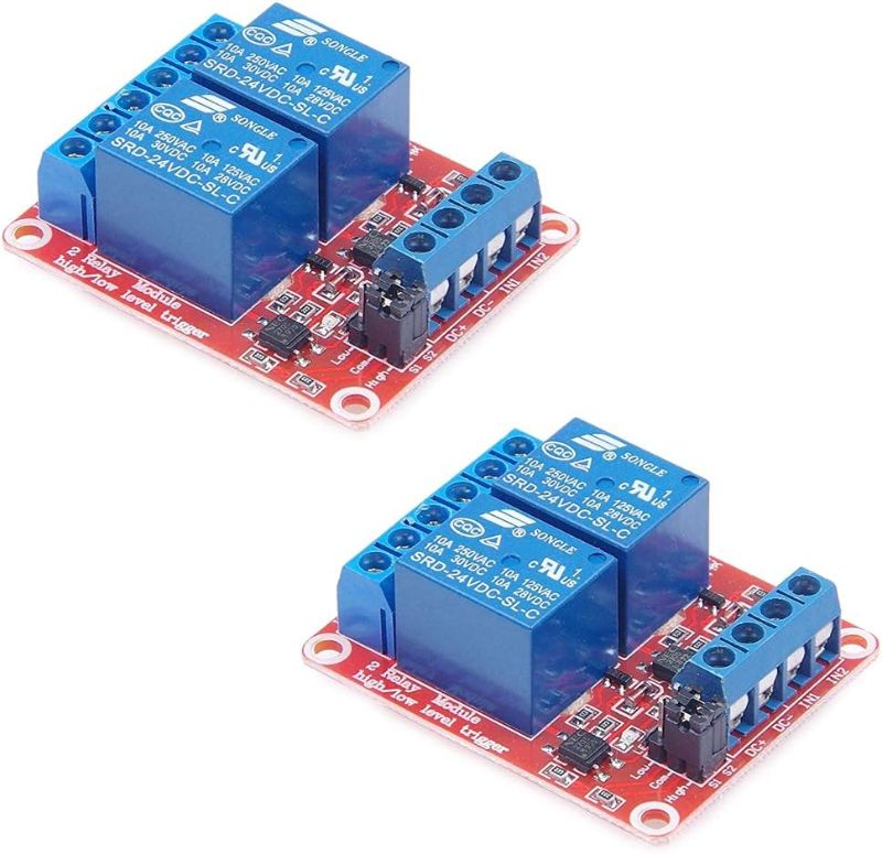 Photo 1 of HiLetgo 2pcs DC 24V 2 Channel Relay Module with Isolated Optocoupler High and Low Level H/L Level Trigger Module Triggered by DC 24V