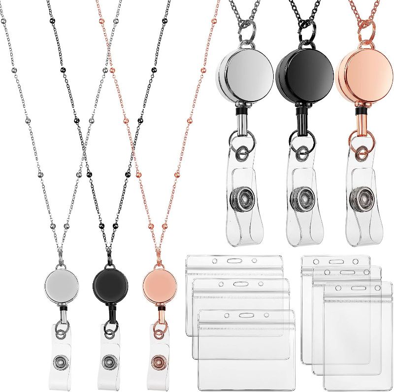 Photo 1 of Retractable Badge Reel Lanyard with ID Holder, 3 Pieces Beaded Badge Lanyard Necklace with 6 Waterproof Name Card Holder Stainless Steel ID Holder Necklace for Women Men (Rose Gold, Black, Silver)