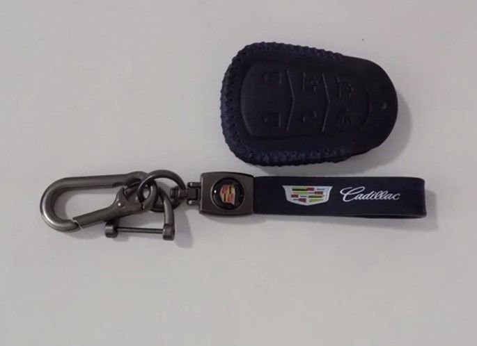 Photo 1 of Cadillac Key Fob Keychain in blue leather & Fob Case Cover in Blue leather NWT