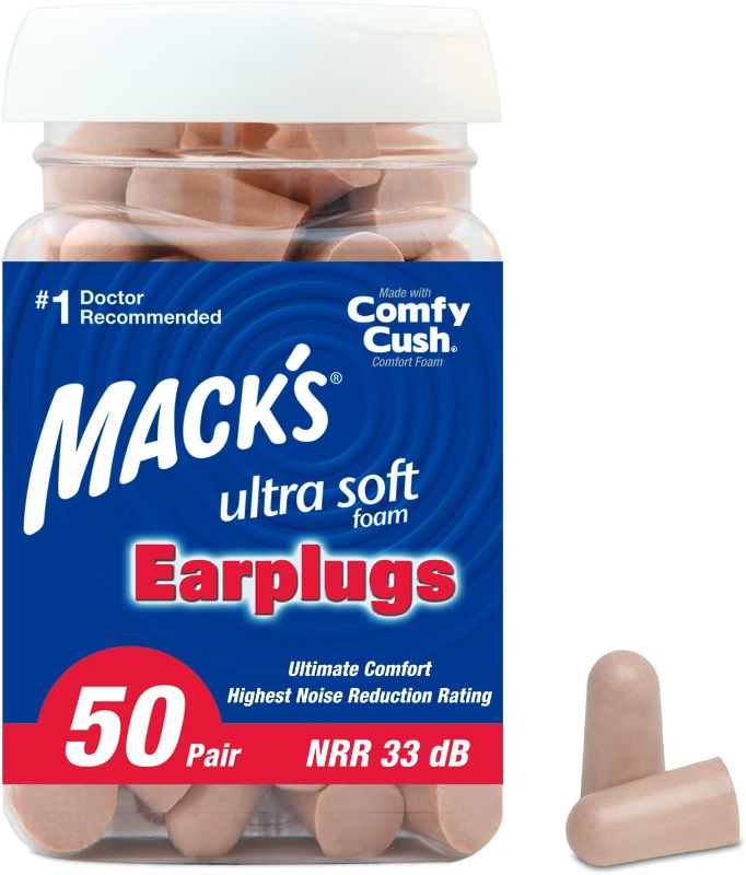 Photo 1 of Mack's Ultra Soft Foam Earplugs, 50 Pair - 33dB Highest NRR, Comfortable Ear Plugs for Sleeping, Snoring, Travel, Concerts, Studying, Loud Noise, Work