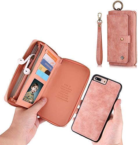 Photo 1 of Jaz iPhone 7 Plus Wallet Case Zipper Purse Detachable Magnetic14 Card Slots Card Slots Money Pocket Clutch Leather Wallet Case for iPhone 8 Plus / 7 Plus Rose Gold 