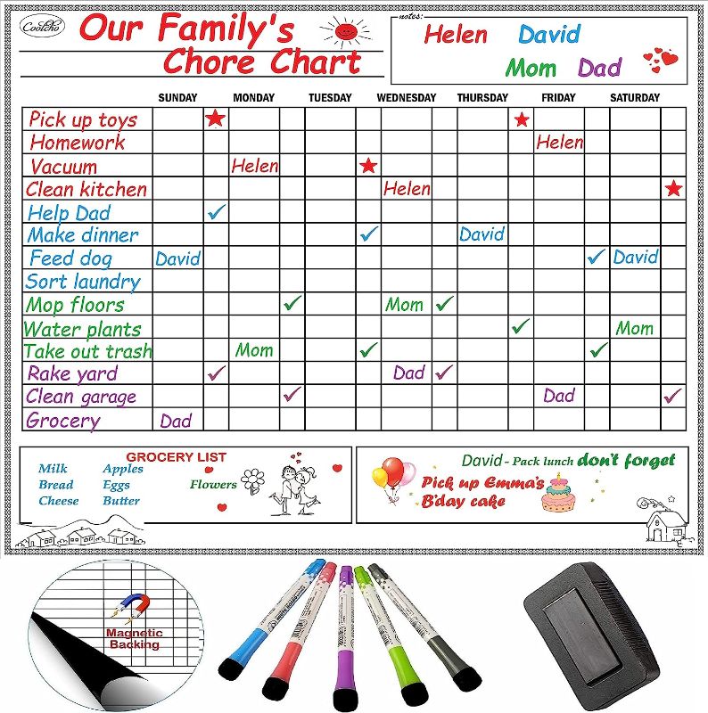Photo 1 of Coolcho Large Magnetic Chore Chart for Kids Multiple Kids Teens Adults - Dry Erase Whiteboard - Behavior Reward Chart - Daily Weekly Responsibility Schedule Planner - 5 Markers & Eraser - School Home
