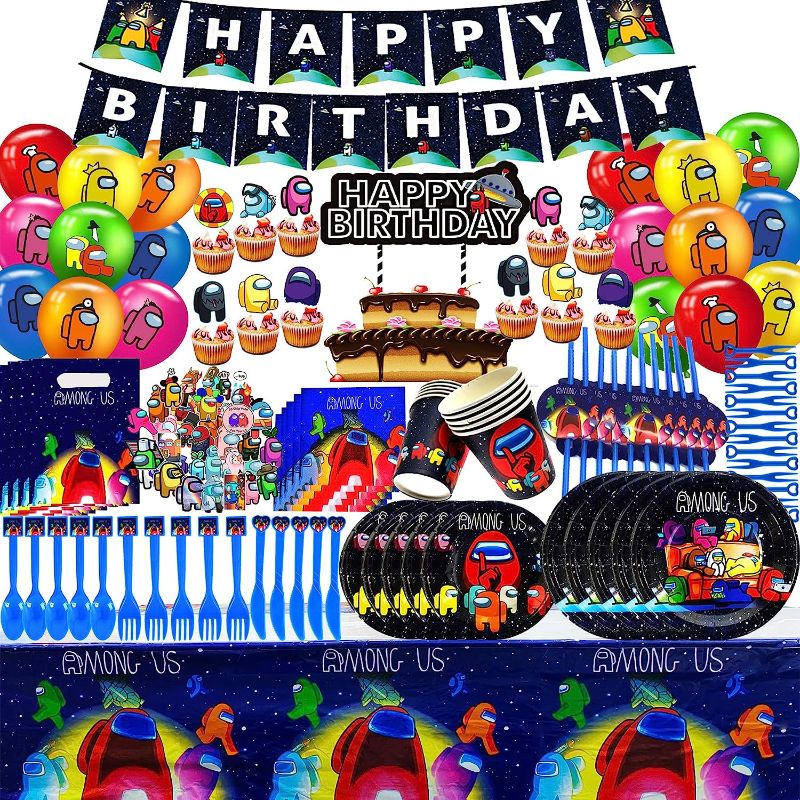 Photo 1 of 213Pcs Among Us Birthday Decorations - Among Us Theme Party Supplies, Including Plates, Napkins, Cutlery, Cups, Banner, Cupcake Topper, Tablecloth, Balloons for Among Us Party Supplies