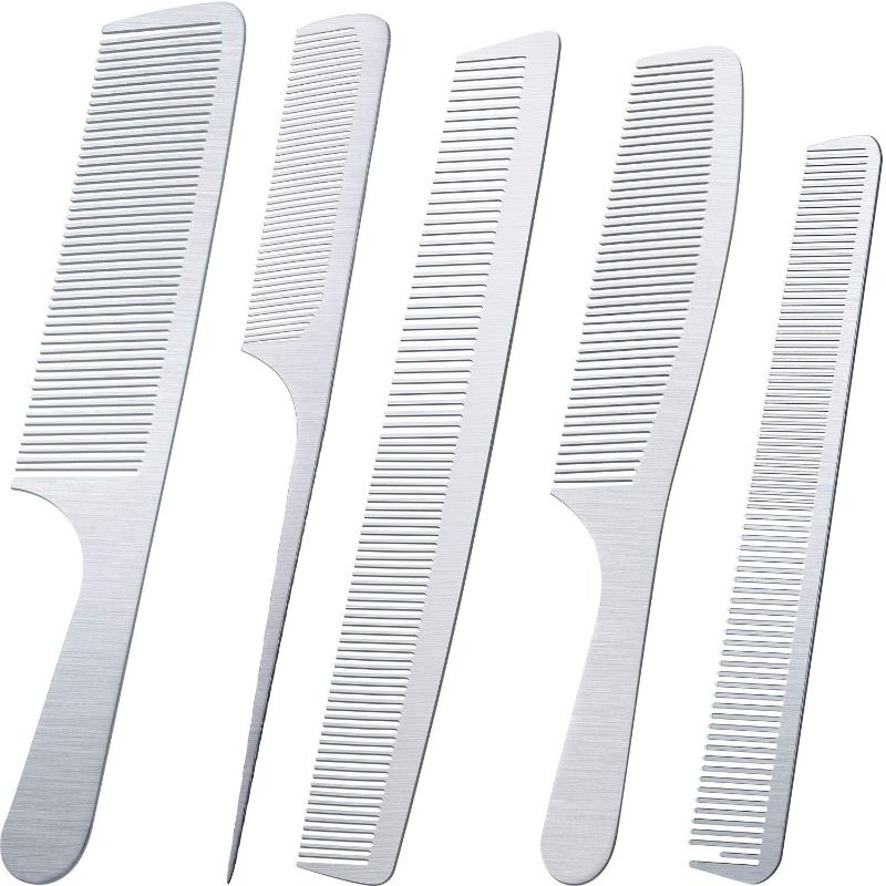 Photo 2 of 5 Pieces Stainless Steel Hair Comb Set Metal Tail Combs Silver Fine Cutting Comb Hairdressing Steel Comb Rat Tail Comb Teasing Pintail Barber Comb Stainless Steel Hair Styling Grooming Detangler Comb