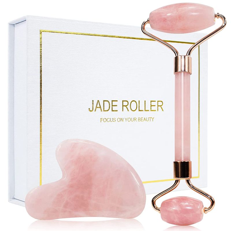 Photo 1 of huefull Rose Quartz Face Roller & Gua Sha Facial Tool Set, Lymphatic DrainageMassage Tool for Muscle Tension Relief