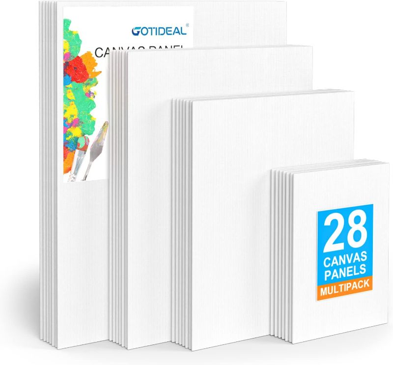 Photo 1 of GOTIDEAL Canvas Boards for Painting Multi Pack, Primed 5x7", 8x10", 9x12", 11x14" Set of 28, White Blank Canvas Panel- 100% Cotton Artist Canvases Pack for Painting, Acrylic Paint, Oil, Watercolor