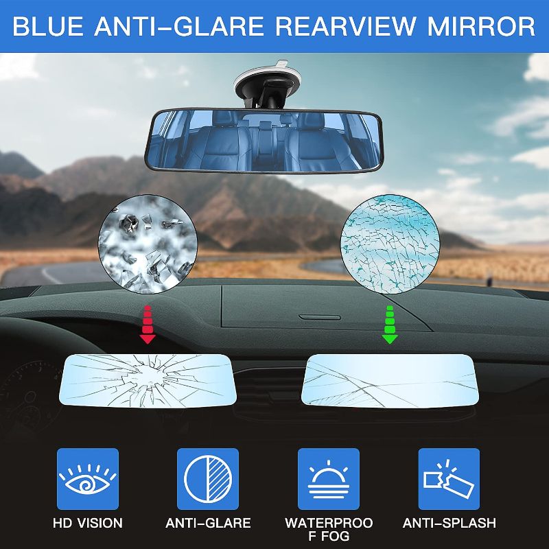 Photo 2 of HUJIKF, Rear View Mirror, Suction Cup Hd Panoramic Car Rearview Mirror Blue AntiGlare 360 Degrees Adjustable Reversing Baby Car Mirror Reduce Blind Spots 9.5In, 9.5inch