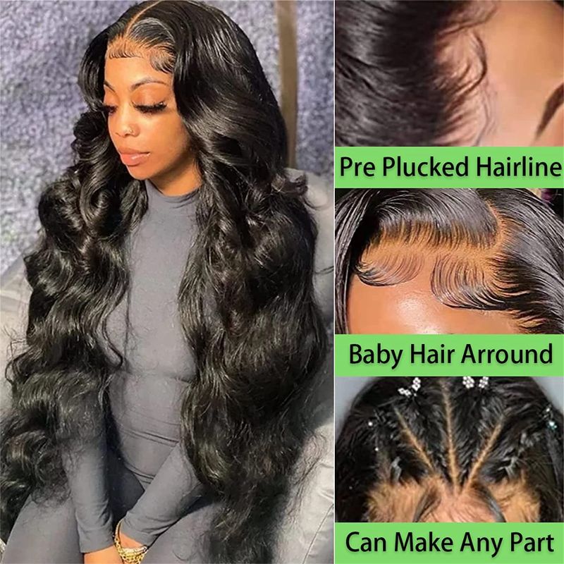 Photo 2 of 26 Inch Body Wave Lace Front Wigs Human Hair Pre Plucked 180% Density 13x4 HD Lace Front Wigs for Black Women, Glueless Wigs Unprocessed Brazilian Virgin Human Hair with Baby Hair Bleached Knots