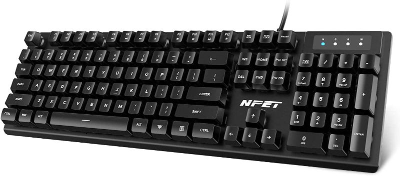 Photo 1 of NPET K10V1 Wired Computer Keyboard, Plug and Play, Full-Size with 12 Multimedia Keys, Spill-Resistant, 6.2ft USB Cable, Compatible with PC, Laptop (Black)