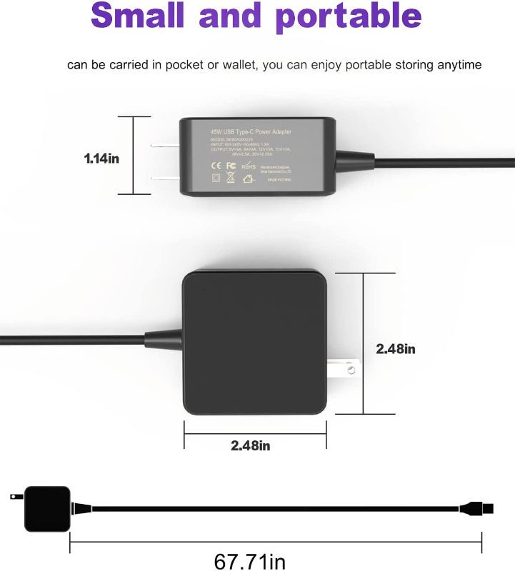 Photo 2 of 45W USB Type C Laptop Charger Fit for Samsung Chromebook 4 4+ Plus XE310XBA XE350XBA XE513C24 XE520QAB XE521QAB W16-030N1A PA-1300-87 Laptop Power Supply Adapter Cord