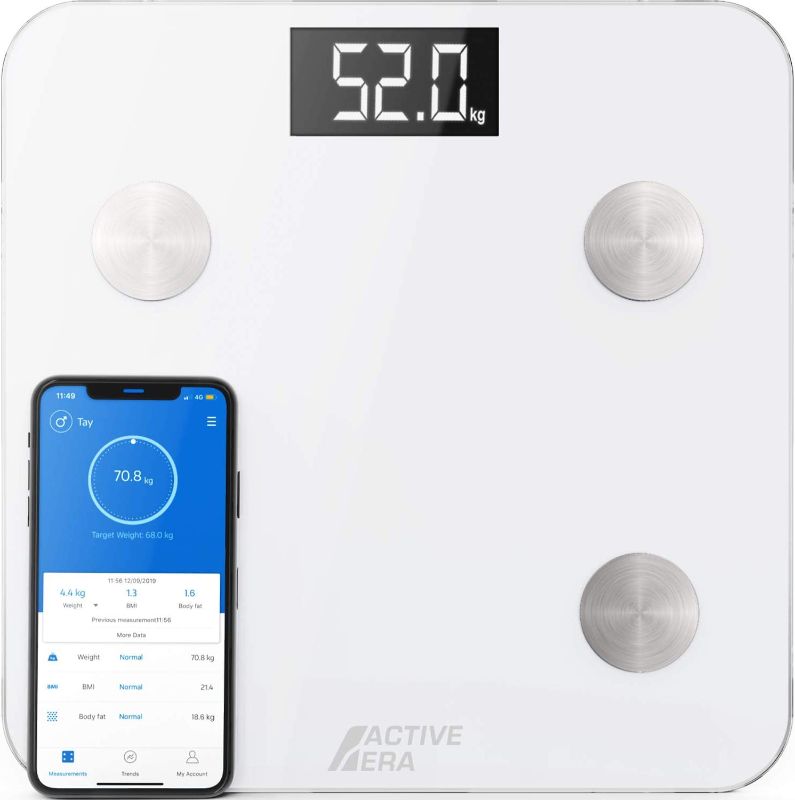 Photo 2 of Active Era Digital Bathroom Bluetooth Scales Weight and Body Fat - Fit Track Scale Calculates BMI, Body Fat Percentage, Muscle Mass - Apple Health, Google Fit & Fitbit Compatibility (White)