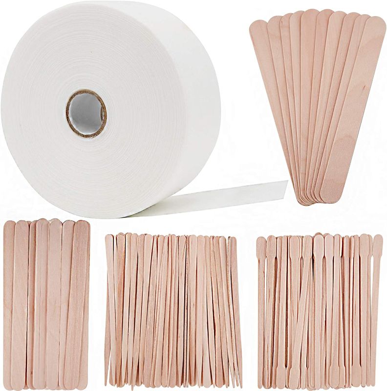 Photo 1 of BQTQ Waxing Applicator Sticks Wax Strips Sticks Kit Including Non-woven Wax Strip Roll and 120 Pcs Waxing Stick Wooden Wax Applicator Sticks for Body Facial Hair Nose Eyebrow Removal, 2.75" * 55 Yards