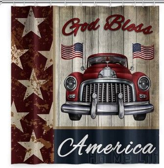 Photo 1 of God Bless America Shower Curtain Rustic Wooden Planks Stars Us Flag Red Retro Car Fourth Of July Decor For Home Dorm Bathroom