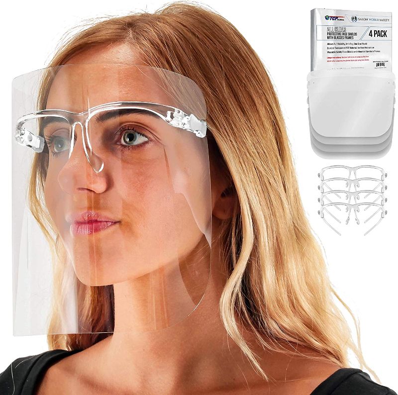 Photo 1 of TCP Global Salon World Safety Face Shields with All Clear Glasses Frames (Pack of 4) - Ultra Clear Protective Full Face Shields to Protect Eyes, Nose, Mouth - Anti-Fog PET Plastic, Goggles