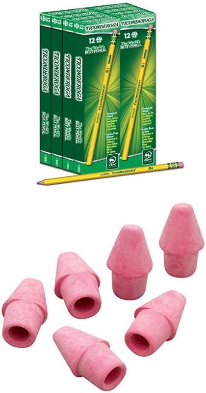 Photo 1 of Dixon Ticonderoga Wood-Cased #2 HB Pencils, 8 Boxes, 96 Pencils Total, Yellow plus Paper Mate Arrowhead Pink Pearl Cap Erasers, 144 Count