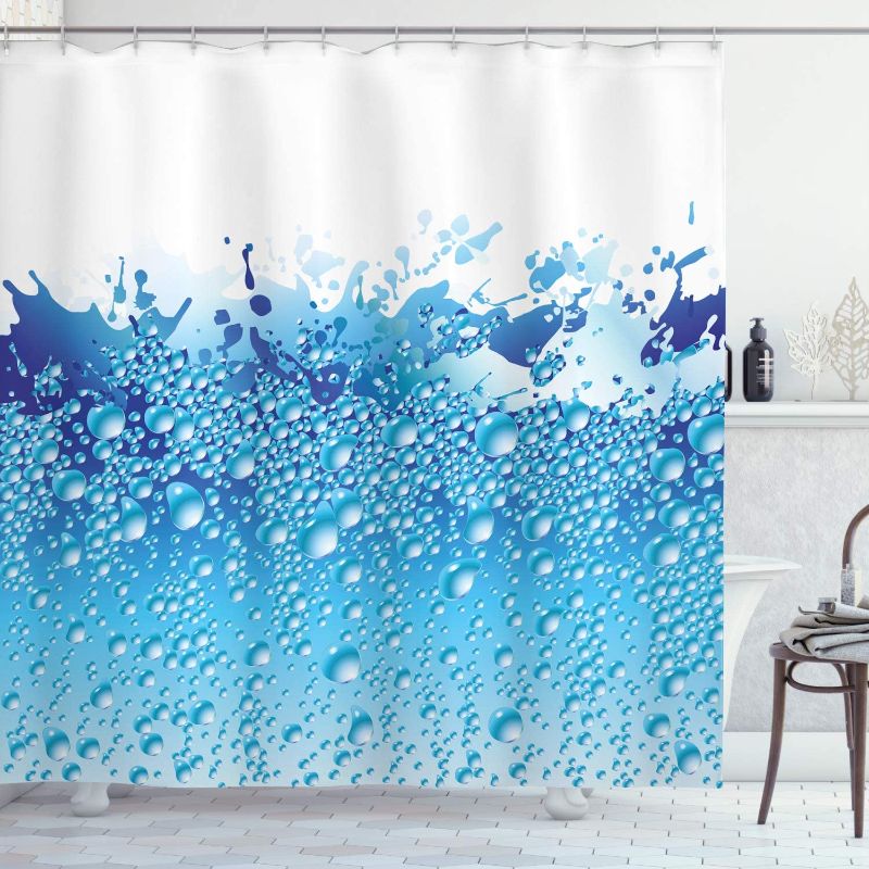 Photo 1 of Ambesonne Modern Shower Curtain, Aquarium Like Water Image with Bubbles and Splashes with Drops Inspired by Marine Theme Print, Cloth Fabric Bathroom Decor Set with Hooks, 69" W x 84" L, White Blue