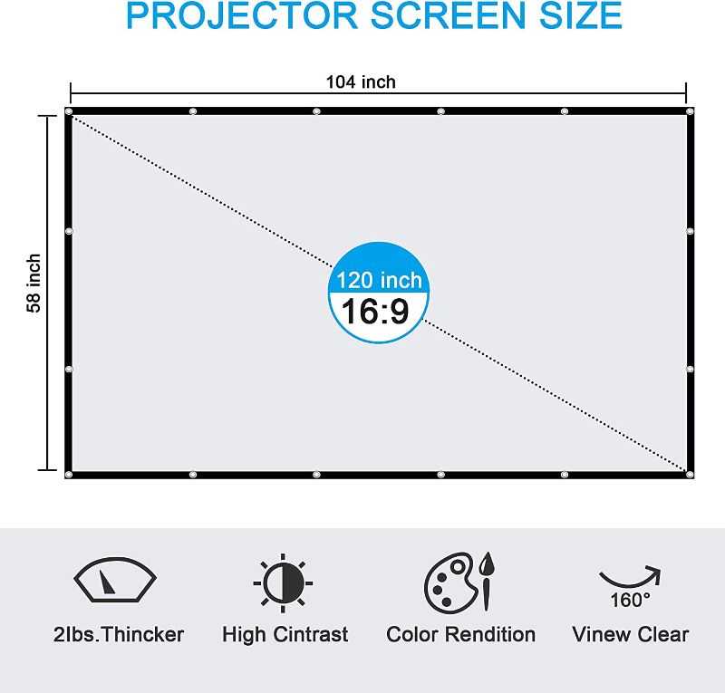 Photo 2 of 120 inch Projection Screen, FANGOR 4K Video Projector Screen Full HD Movie Screen, Anti-Crease 16:9 Foldable Indoor Outdoor Video Projector Screen for Home, Party, Office with Accessory