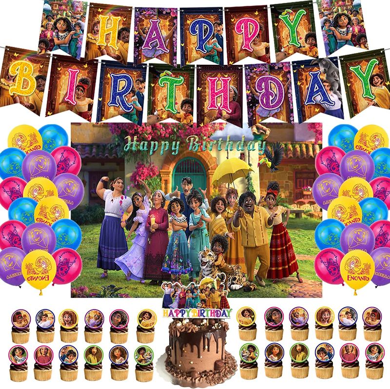 Photo 1 of 
Roll over image to zoom in
lrukee Encanto Birthday Party Supplies, 59 PCS Encanto Party Decorations Includes Encanto Happy Birthday Banner, Encanto Backdrop, 32 PCS Balloons, Cake Topper 24 PCS Cupcake Toppers (Style B)