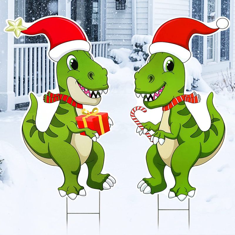Photo 1 of [ Extra Large ] 3 Ft 2Pcs Christmas Santa Dinosaur Yard Signs Stakes 36 Inch Christmas Decorations Outdoor Dino with Gift Box Candy Cane Xmas Yard Sign Christmas Decor Home Garden Lawn Pathway Outside