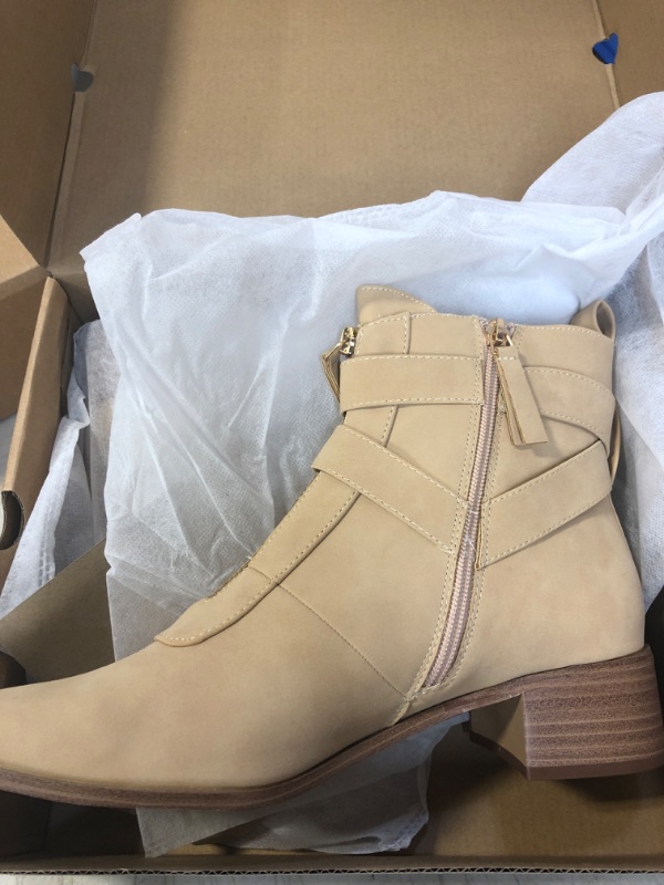 Photo 1 of Coutgo Women’s Closed Pointed Toe Ankle Booties Side Zipper Strappy Buckle Low Chunky Heel Winter Warm Boots with Tassel Coffee 11