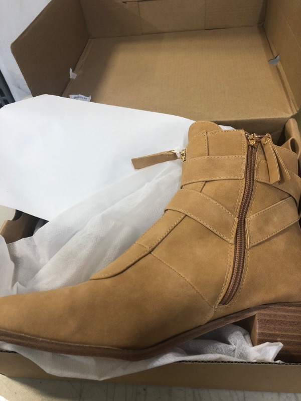 Photo 1 of Coutgo Women’s Closed Pointed Toe Ankle Booties Side Zipper Strappy Buckle Low Chunky Heel Winter Warm Boots with Tassel Khaki 9